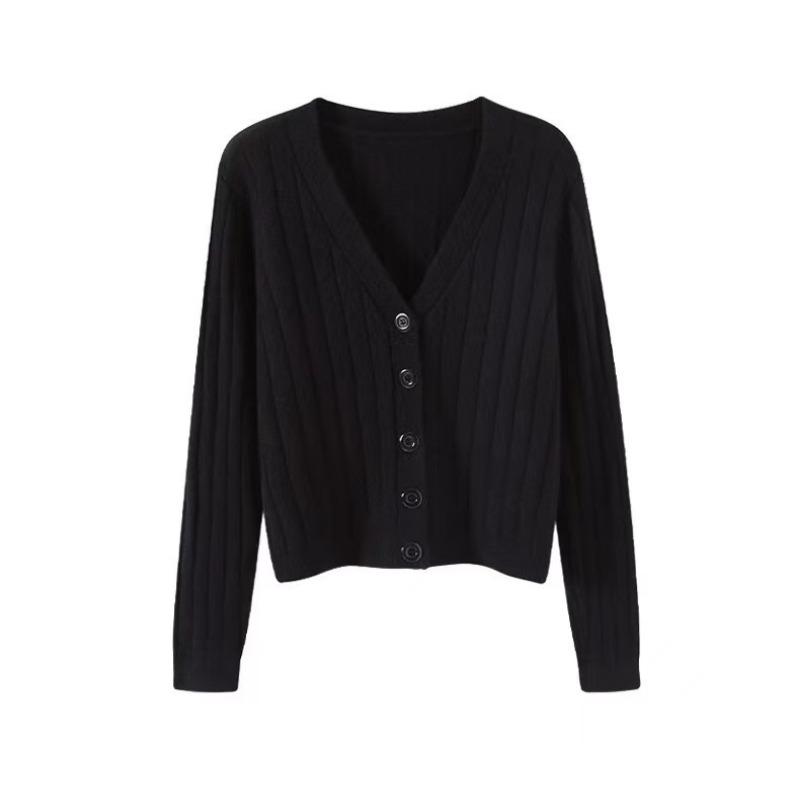 Vielseitiges kurzes Herbstoutfit, lockerer Langarmpullover mit V-Ausschnitt, Strickpullover, Strickjacke, Damenoberteil