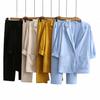 Spring Summer Women Cotton Linen Blazer Suit Solid Notched Long Sleeve Coat+Pants 2pcs Leisure Loose All-Matched Female Sets