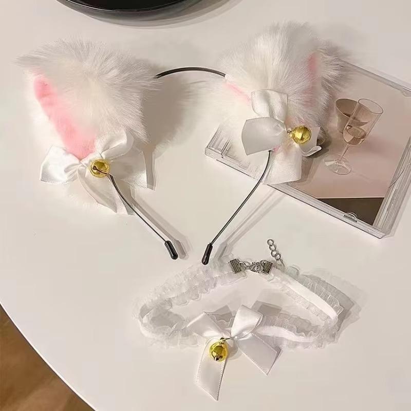 Cute Plush Cat Ear Headband Fashionable Cosplay Bow Bell Cat Ear Headband Lace Bell Necklace Set Women's Party Costume Headwear