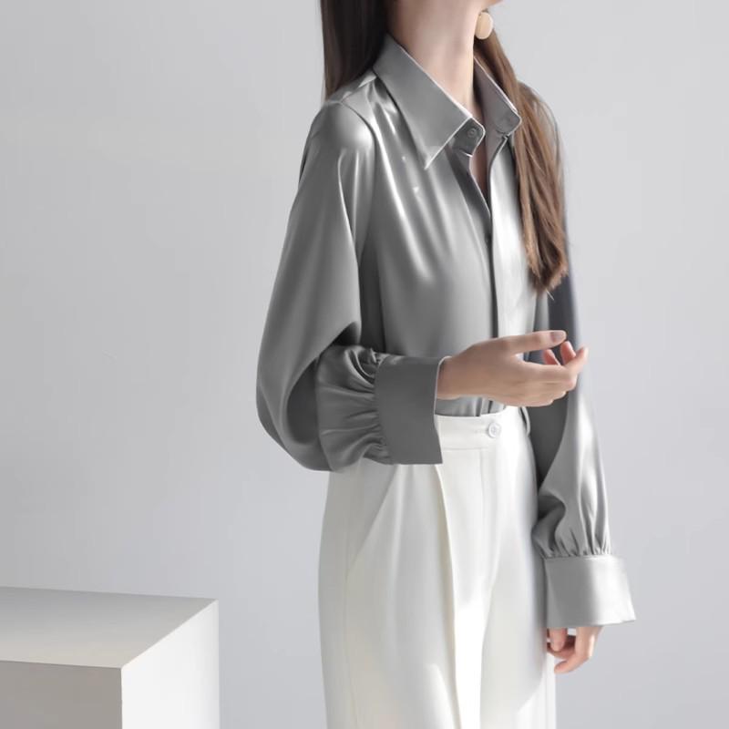 2025 Women's Stylish Satin Long-Sleeve Commuter Shirt - Slim Fit for Spring & Autumn
