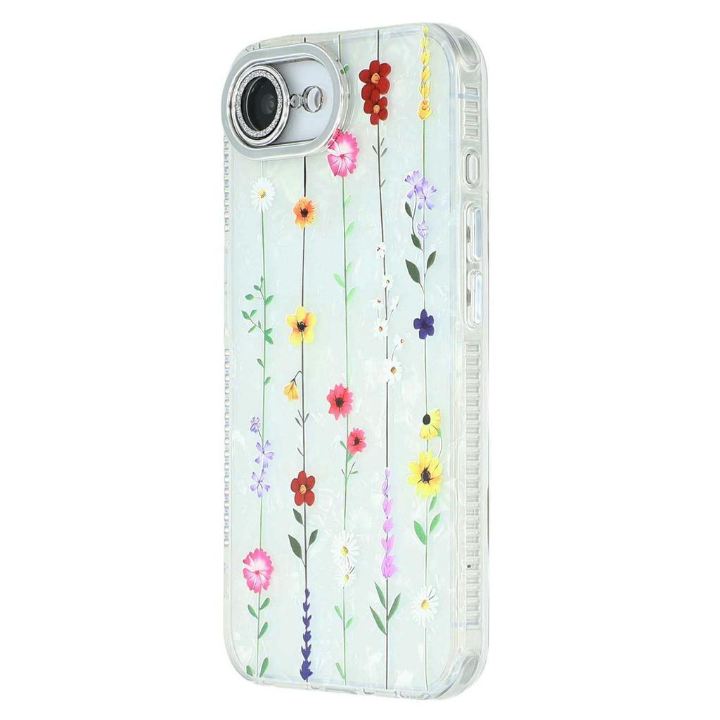 Für iPhone 16e Hülle Galvanisiertes Blumenmuster IMD TPU+PC Handy-Rückseite mit Glaslinsenfolie