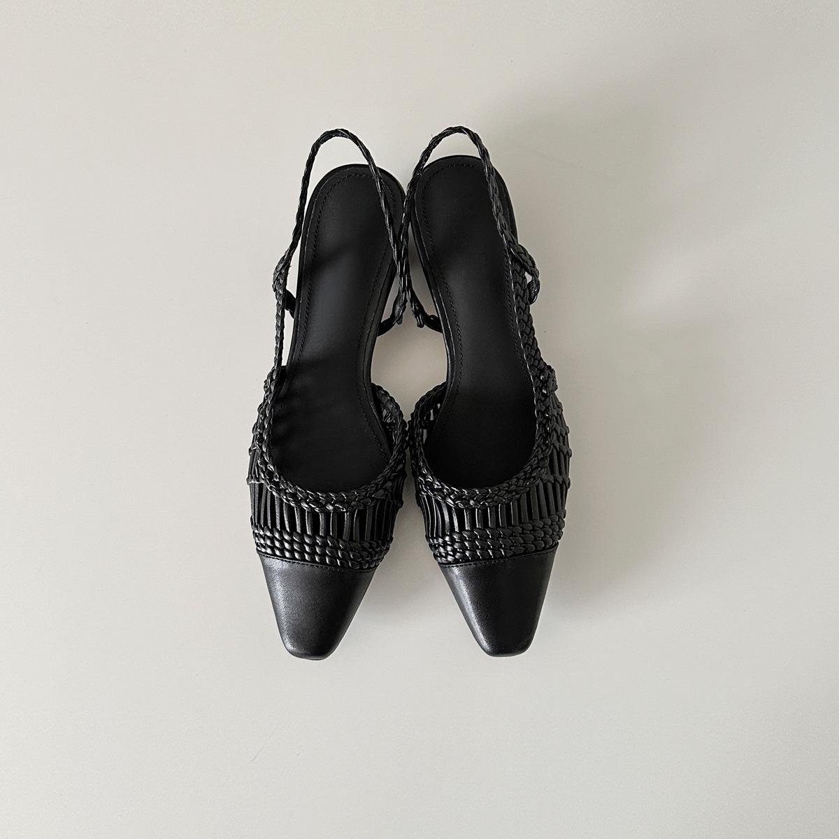 

Sheepskin version~ French woven hollow temperament bag head sandals women s rear strap small fragrant wind pointed thick heel cool slippers 35