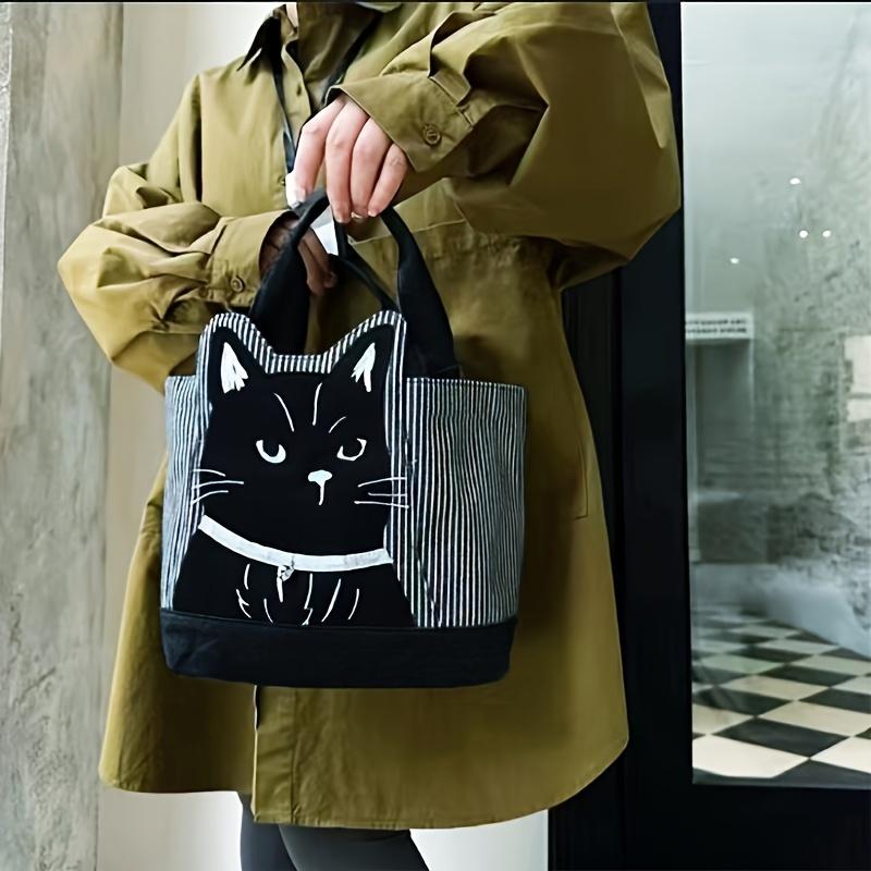 Chic Black Cat Embroidered Large Capacity Tote Bag Durable Polyester, Zipper Closure, Striped Handle Design for Everyday Use & Shopping