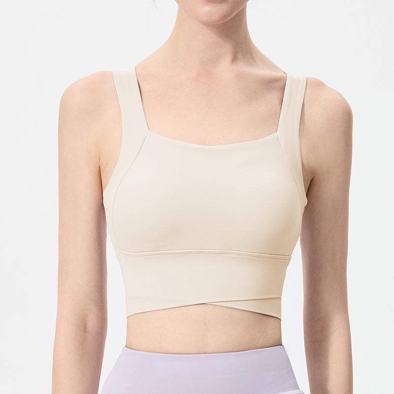 Nude Feel Cross Back Shockproof Women's Sports Bra - Fixed Cup Fitness & Running Vest for High-Intensity Workouts