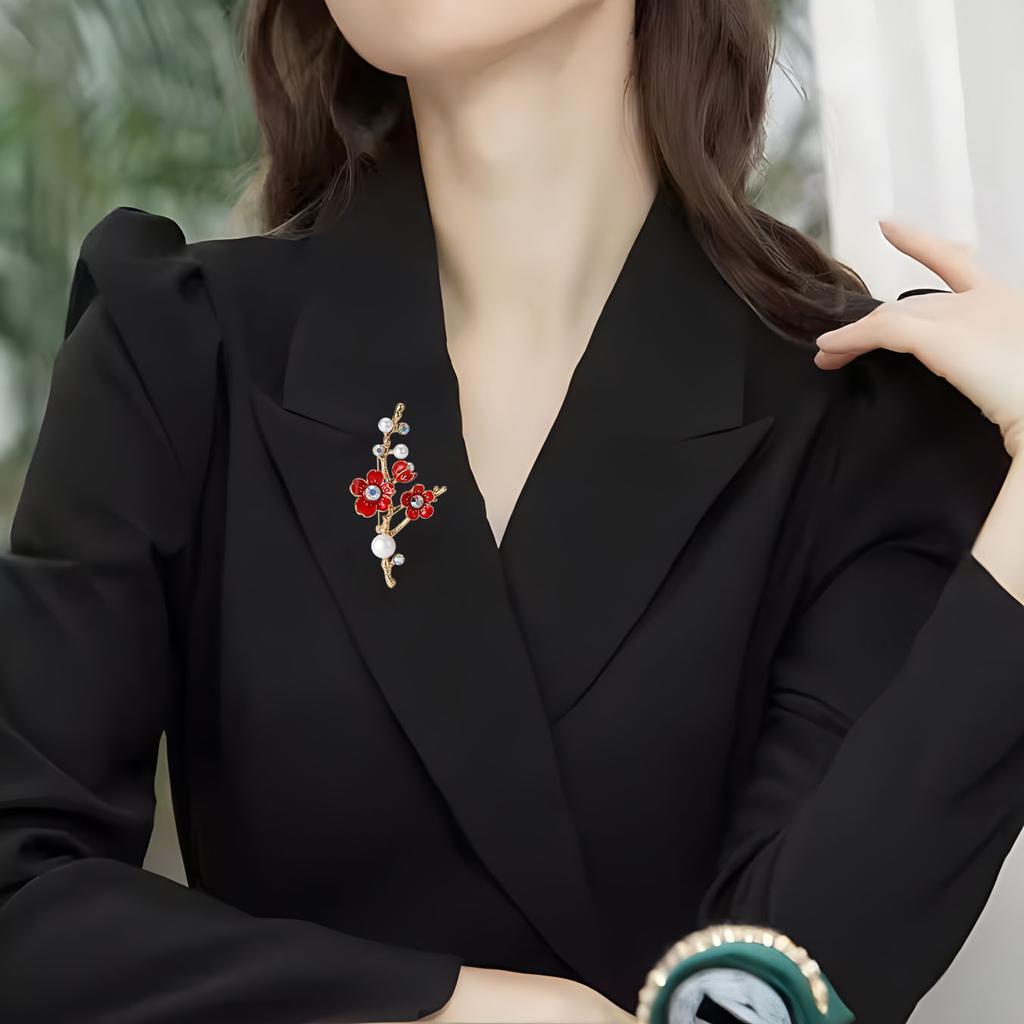 New Retro Enamel Plum Blossom Brooch Temperament Pearl Brooch Niche Pin Suit Accessories