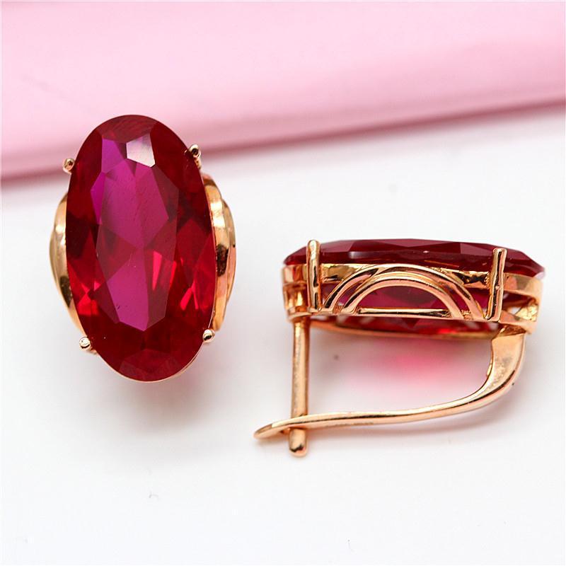 Exquisite Russian 585 Purple Gold Earrings Rose Gold Plated Inlaid Oval Egg Surface Redstone Foreign Style Fashion Earrings