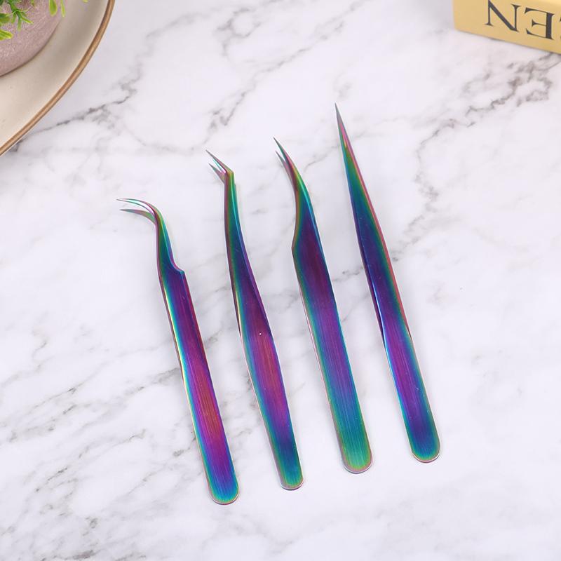 1Pc Multicolor  Stainless Steel Eyelashes Tweezers Curved Straight For Eyelash Tongs False Clip Professional For Lashes Extension Tools