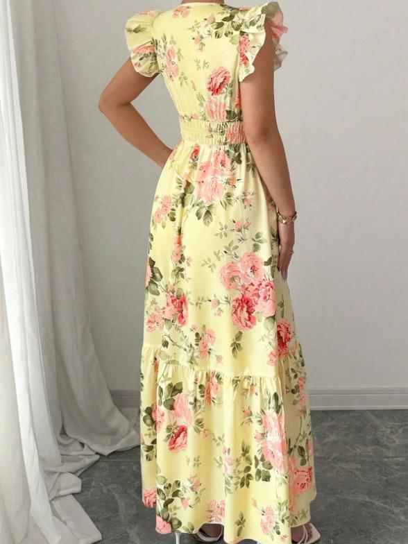 Elegant Floral Print Hem Dress for Women - 2026 European Summer Collection L жёлтый