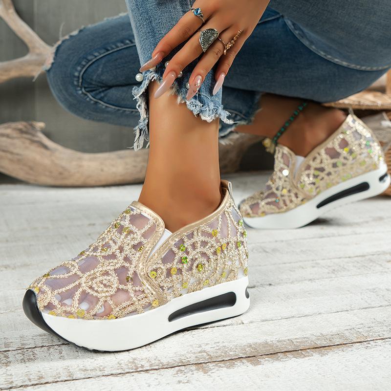 Summer new casual single shoes slope heel thick sole foot cover single shoes mesh breathable sequins large size mesh women's shoes