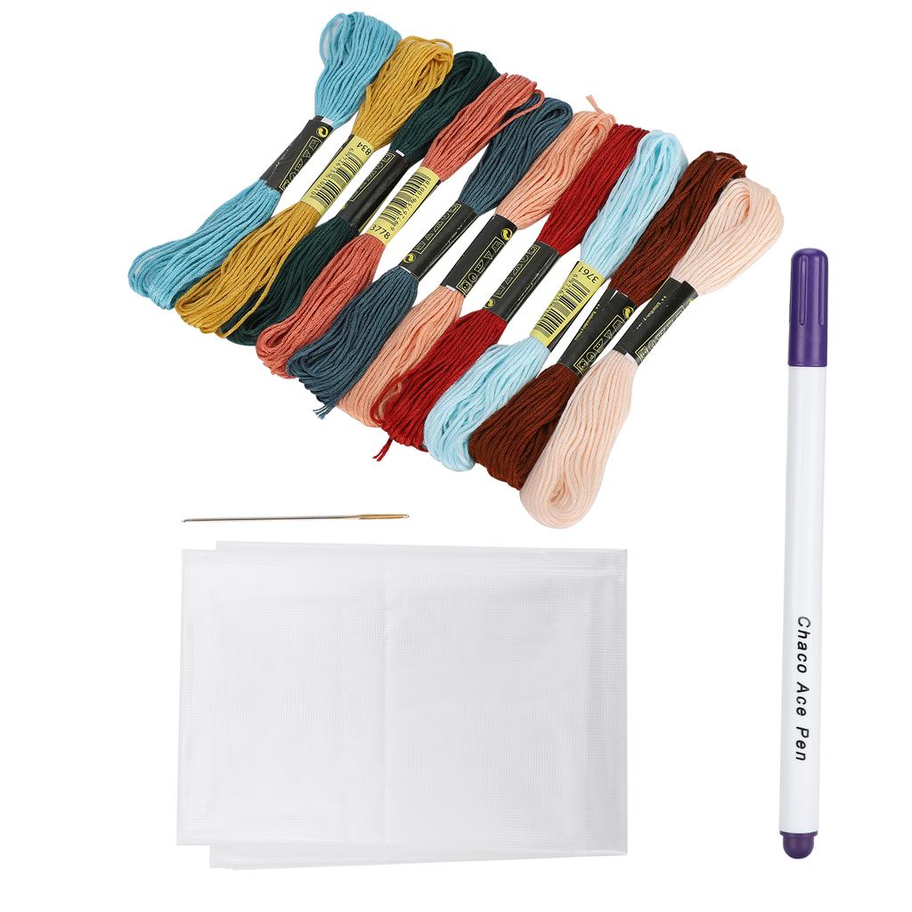 Cross Stitch Set 10 Color Embroidery Thread Water Soluble Cloth Needle Kit for Beginner