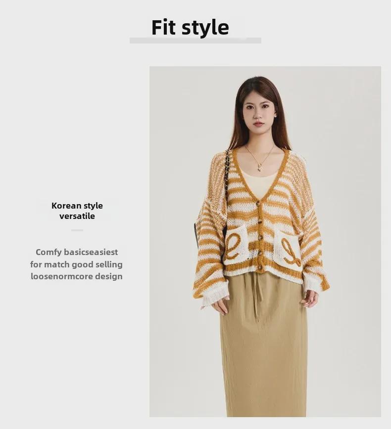 Women's Striped V-Neck Knit Cardigan Sweater - Lightweight, Loose, and Casual for Spring & Fall