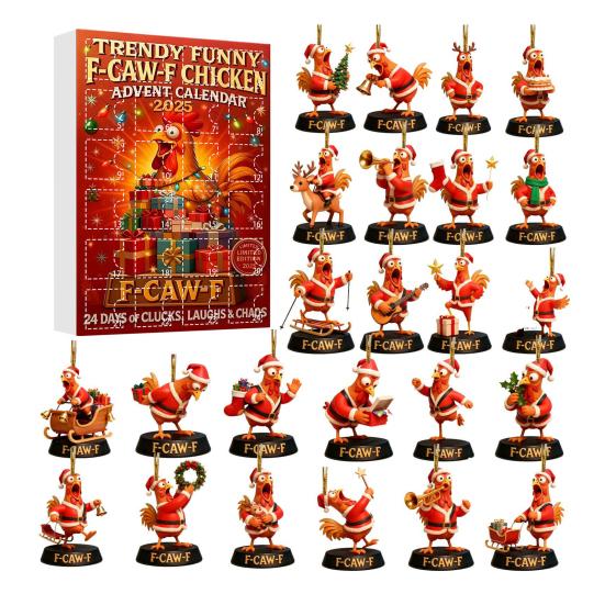 Caw-F Advent Calendar 2025 Chicken Ornaments 24-Day Countdown Box Christmas Tree Hanging Decor Multifunctional Holiday Decoration for Kids