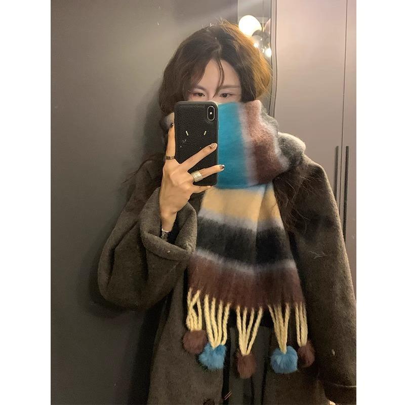 Rainbow Cake Color Pulling Warm Women's Soft Waxy Stripes Cold-proof Long Dopamine Fringed Hairball Scarf