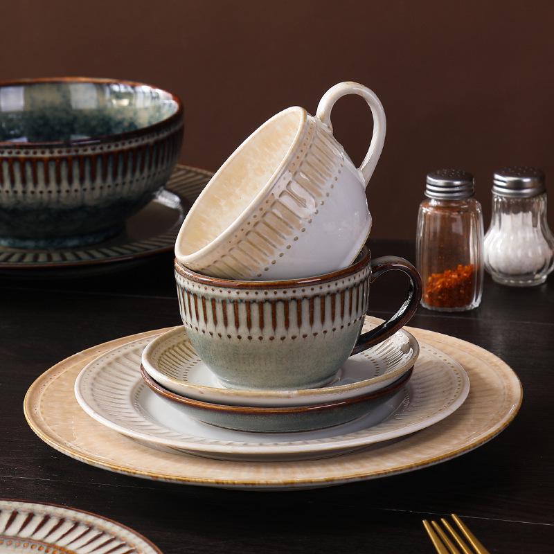 Nordic Vertical Stripe Embossed Ceramic Dining Set: Bowls, Plates, Dishes, Coffee Cup & Saucer, Fish Plate for Western Cuisine.