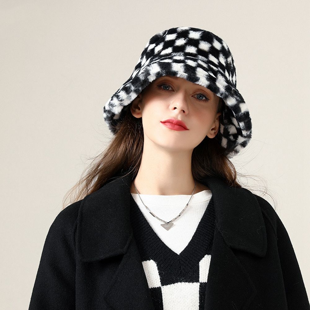 Lambswool Girl Plaid Casual Style Korean Style Caps Female Hats Checkerboard Hat Wool Bucket Hat