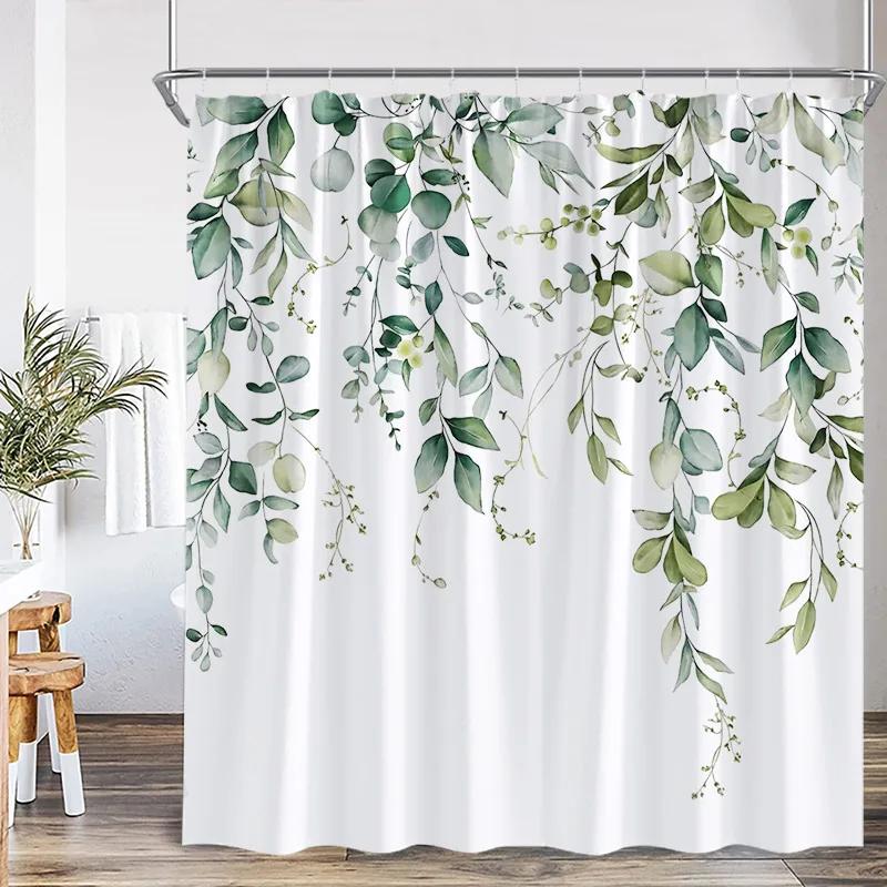 Blue Leaf Watercolor Plant Shower Curtain Modern Minimalist Home Bathroom Decorative Fabric Shower Curtain with Hook
