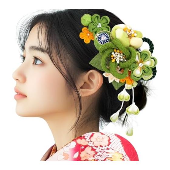2-Piece Hair Accessory Set for Furisode Kimono - Tsumami Zaiku Chirimen (Green) - Made in Japan