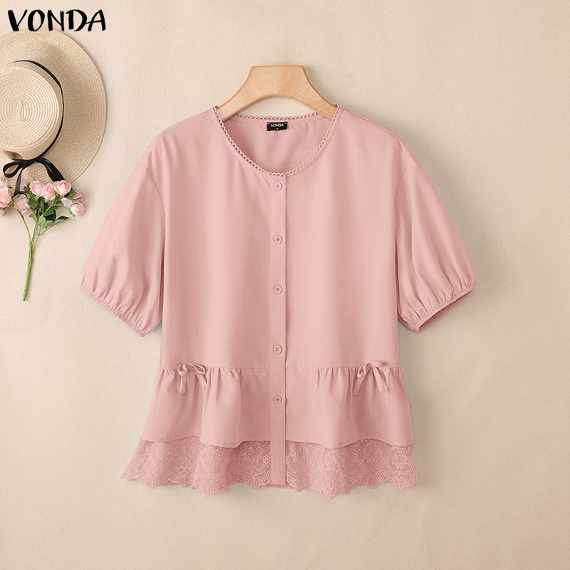 VONDA Summer Women Short Sleeve Lace Hem Casual Ruffled T-shirts Tops Blouse