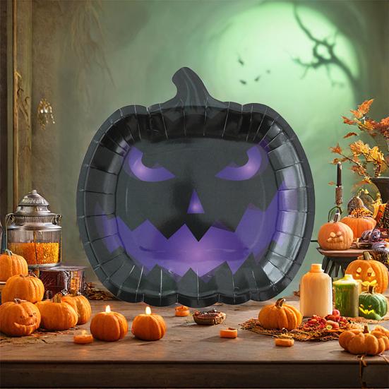 Halloween Pumpkin Paper Plates Black Orange Pumpkin Grimace Plates Disposable Serving Trays for Halloween Party Favors
