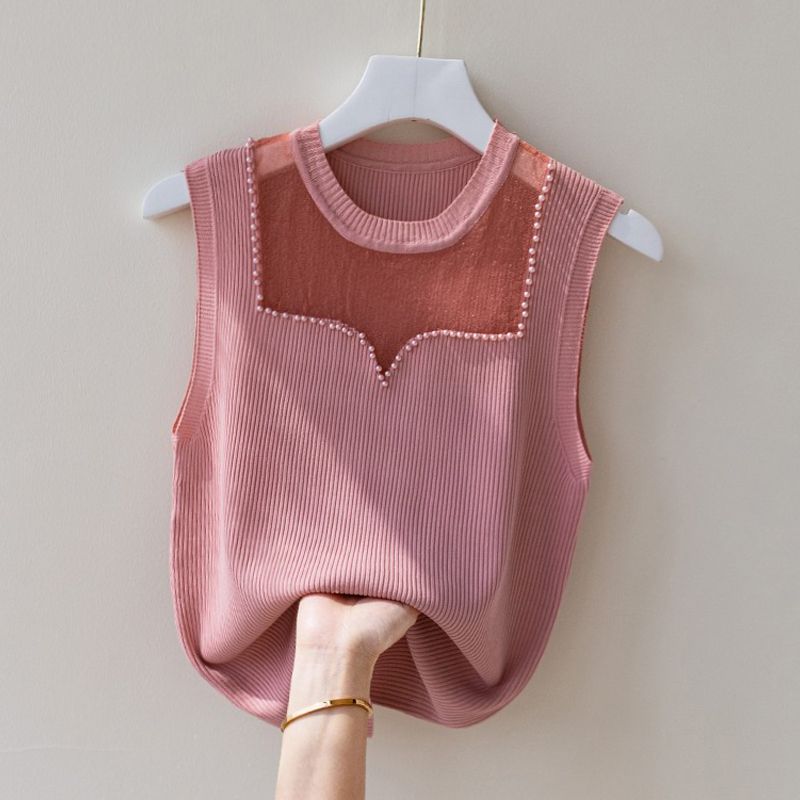 Strap Vest, Women's Round Neck, Mesh, Temperament, Nail Bead, Sleeveless Knit Sweater, Summer Top