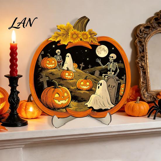 Autumn Seasonal House Decoration Halloween Wooden Pumpkin Sign, LED Light Up Ghost Hanging Sign Wall for Indoor Outdoor Holiday Party Decor Gift Goth