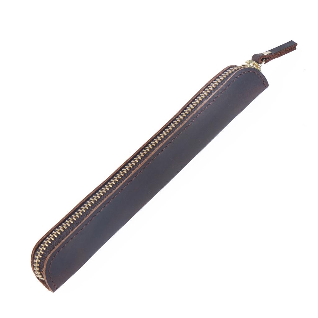 Retro Minimalist Leather Handwritten Cowhide Zipper Pen Case Pen Protection Case Portable Leather Mini Pen Case