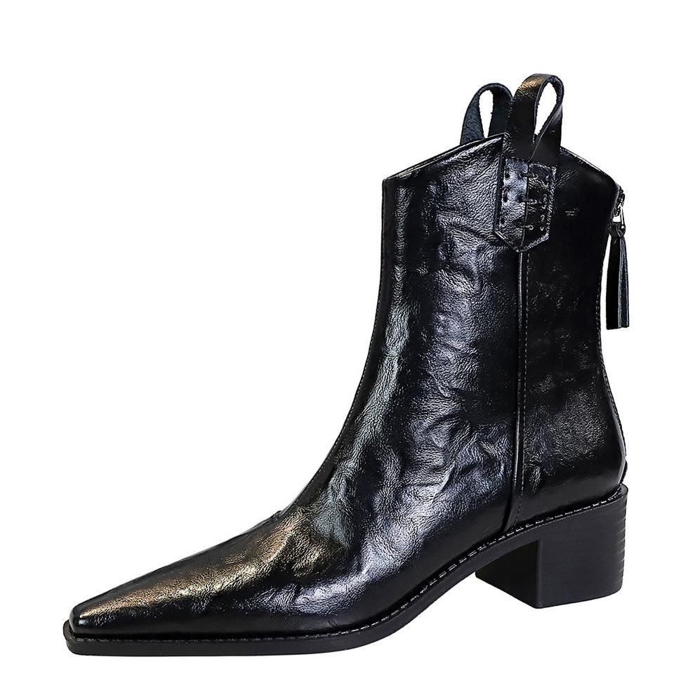 578-10 Retro Hand-Scratched Women's Ankle Boots, European & American Style, Winter Chunky Mid-Heel, Pointed Toe Short Knight Boots