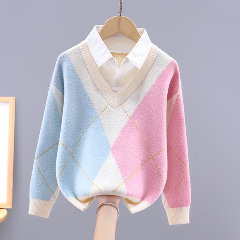 

Вязаный костюм-двойка для девочек - Весенне-осенний стиль с вставками для детей 150 cm