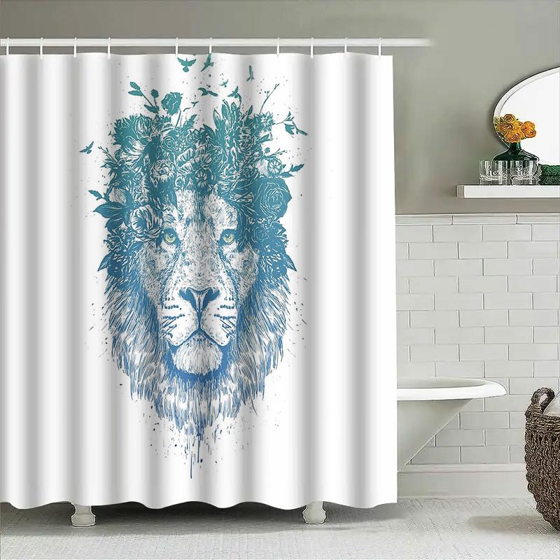 Blue Lion Shower Curtain Artistic Wild Animal Bathroom Decor Modern Abstract Pattern Waterproof Fabric Liner