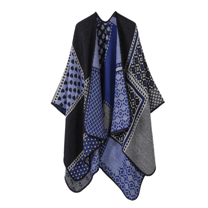 Vintage Geometric Diamond Print Open Front Poncho Cape Thick Knit Travel Blanket Wrap Shawl