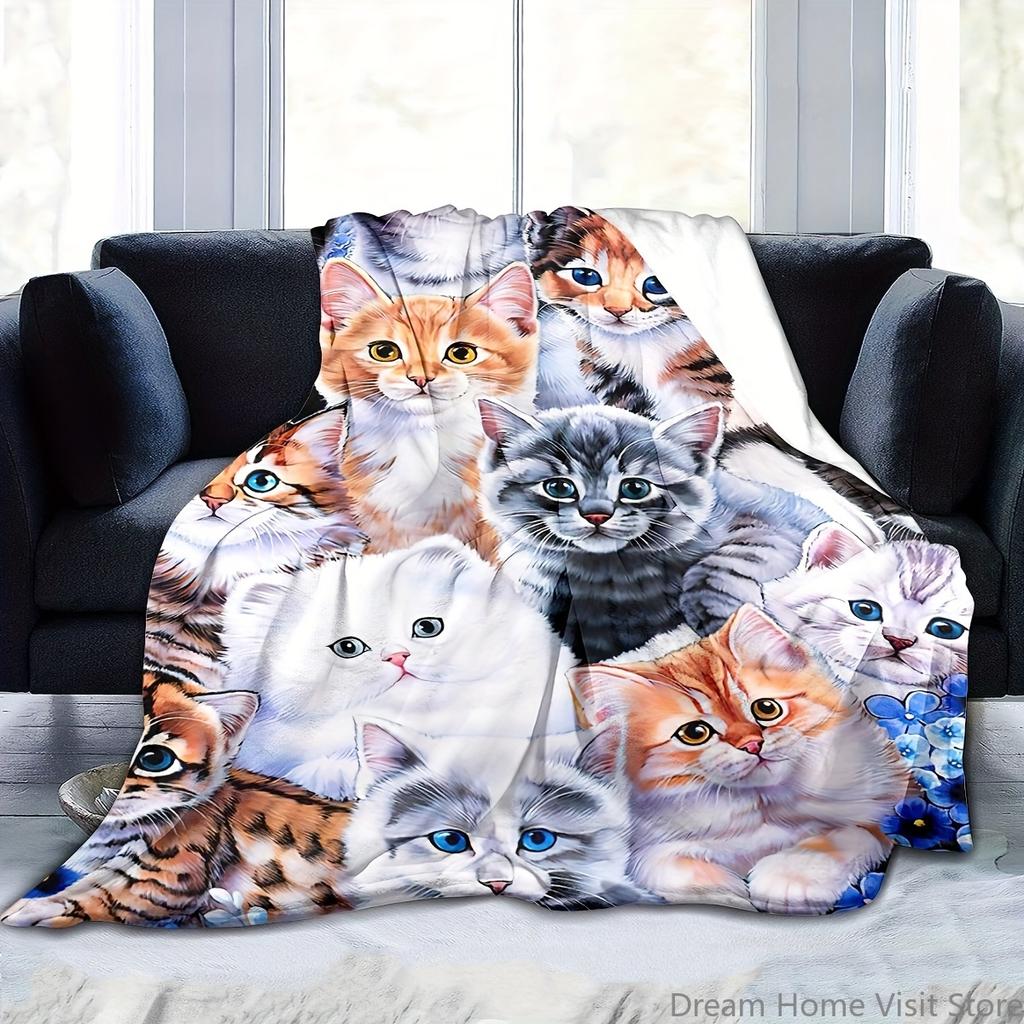Cute Cat Print Blanket, Flannel Blanket, Soft Warm Throw Blanket Nap Blanket For Couch Sofa Office Bed Office Camping Travelling