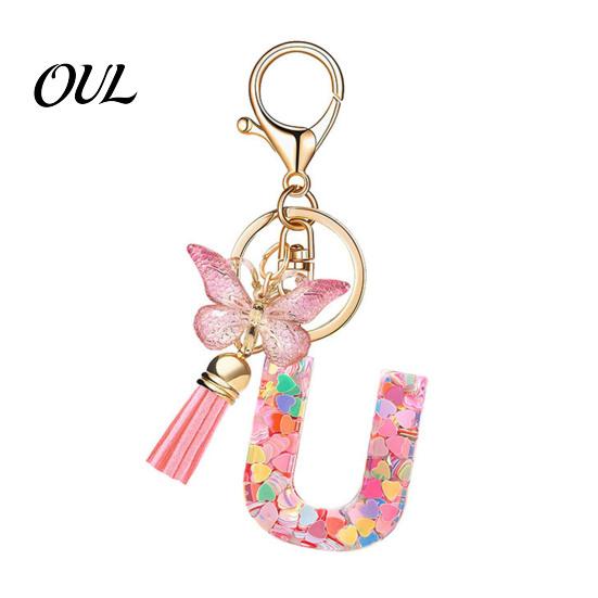 Kompaktes Schlüsselanhänger-Anhänger in Rosa-Serie, Pailletten Herz Initialen-Buchstaben-Anhänger Schlüsselkette mit tragbarem Schmetterlings-Quasten-Design, A-Z Halter für Tasche