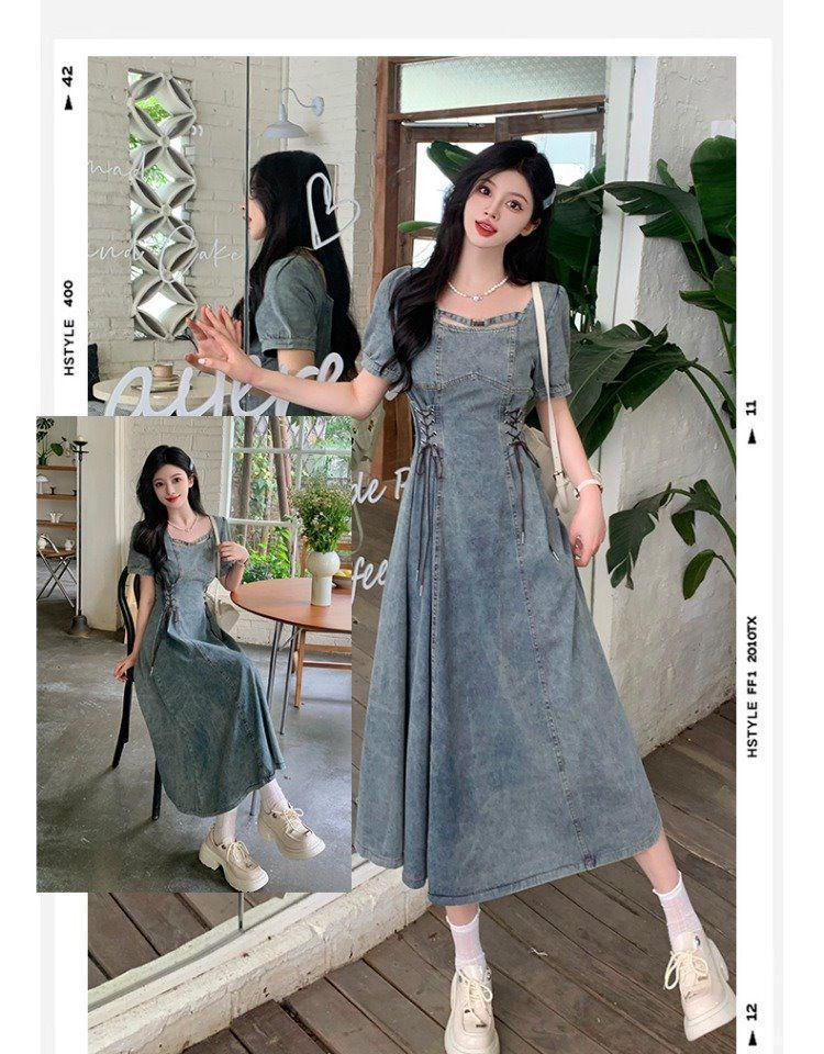 Flattering Plus Size French Square Neck Denim Puff Sleeve Summer Dress for Women