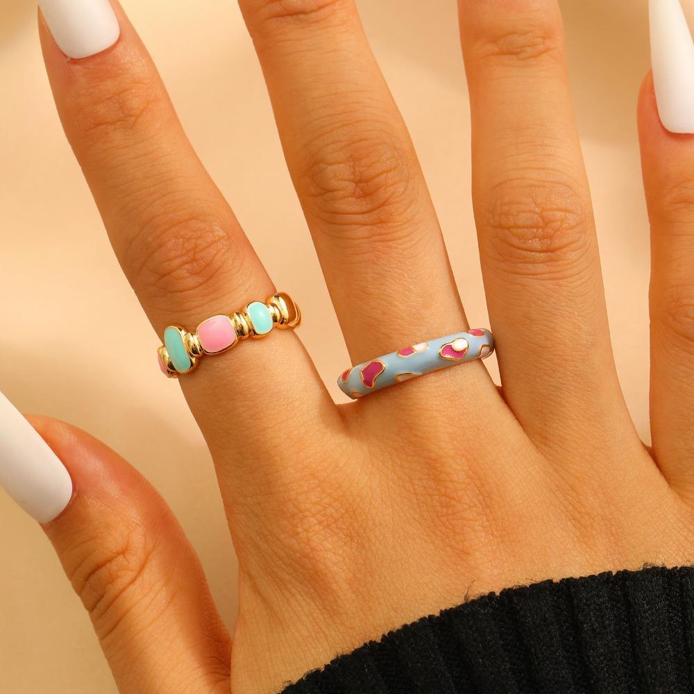 2pcs Set Trendy Dopamine Stainless Steel Geometric Enamel Glaze Opening Rings for Women Girl Fold Wear Finger Jewelry Sets