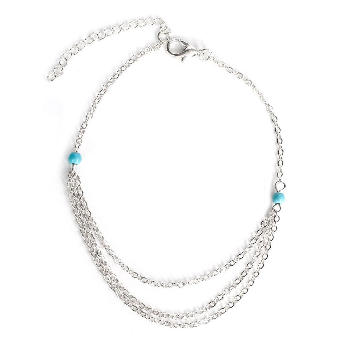 

European, American, retro bohemian, turquoise bead multi-layer chain fringed exaggerated anklet срібний