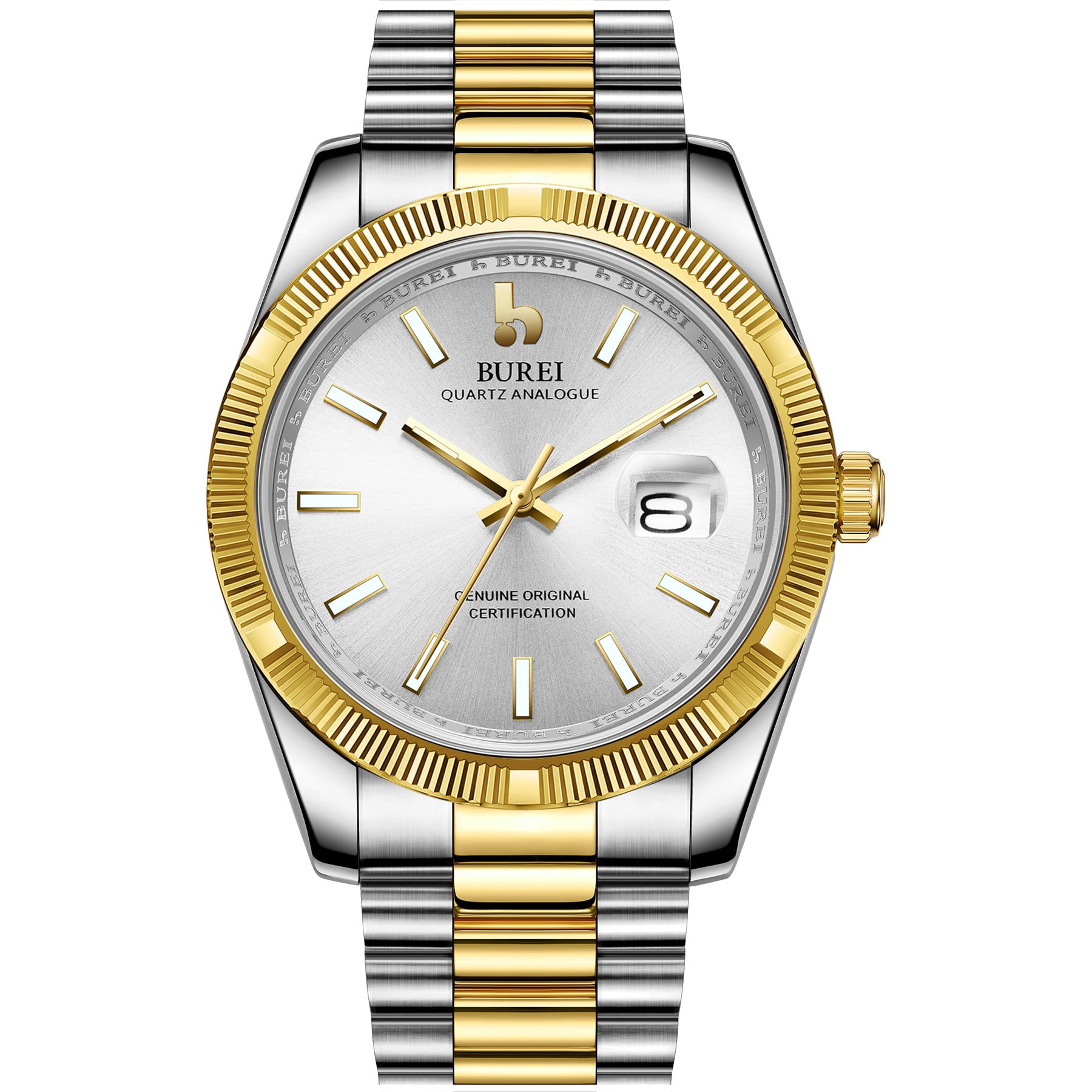 

BUREI Men s Waterproof Quartz Analog Watch, Simple and Popular for Business and Fashion, Silver and Gold Luminous Finish, Perfect as a Birthday Gift