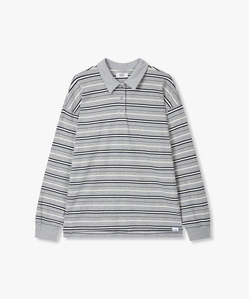 STUDIO TOMBOY Striped Cotton Polo Shirt_Melange Gray 9176122977