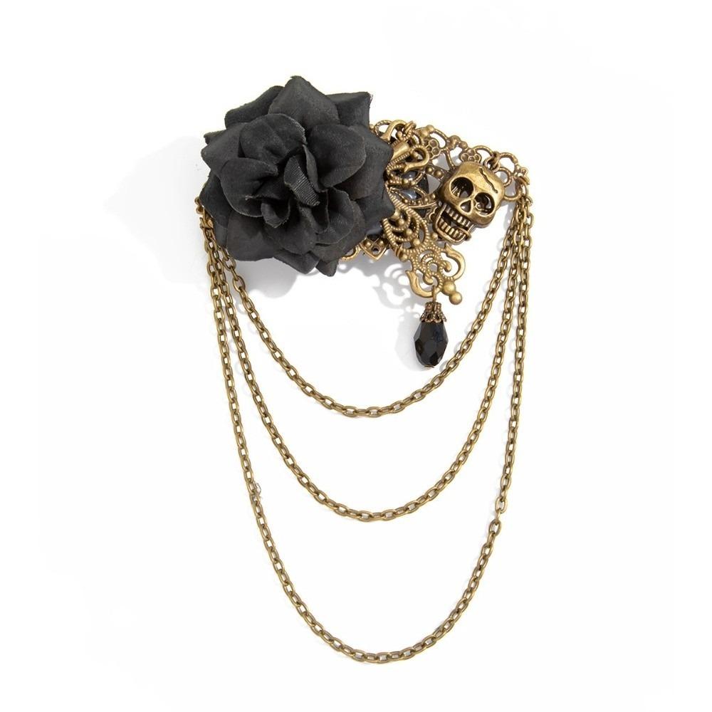 Multi Layer Chain Skull Brooch Antique Metal Lapel Pin Velvet Rose Brooch For Cosplay Costume