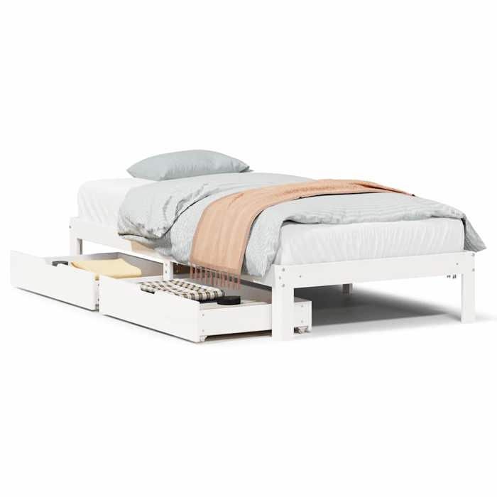 VidaXL Bed Frame with Drawers White 75x190 Cm Solid Pine Wood, Slatted Base, Single Bed Frame, Wooden Bed Frame 3301933