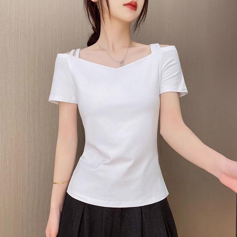 

Летний шикарный женский топ на одно плечо с короткими рукавами и открытой спиной на двойных бретелях, 2025 L (recommend 95-110 jin) белый