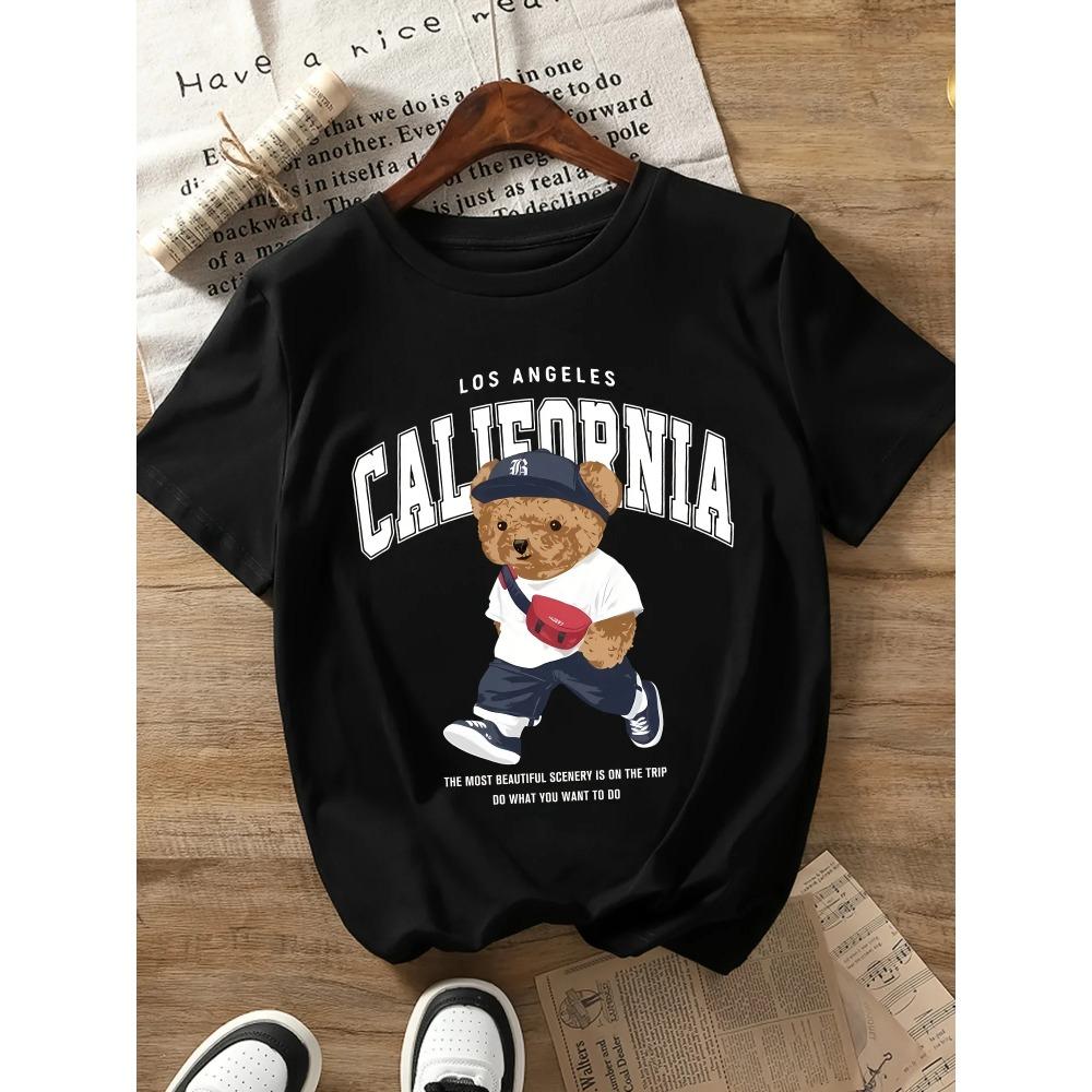 Vibrant Bear Print T-Shirt Soft Breathable Short Sleeve Crew Neck Casual Top for Summer & Spring Women's Relaxed Graphic Y2k