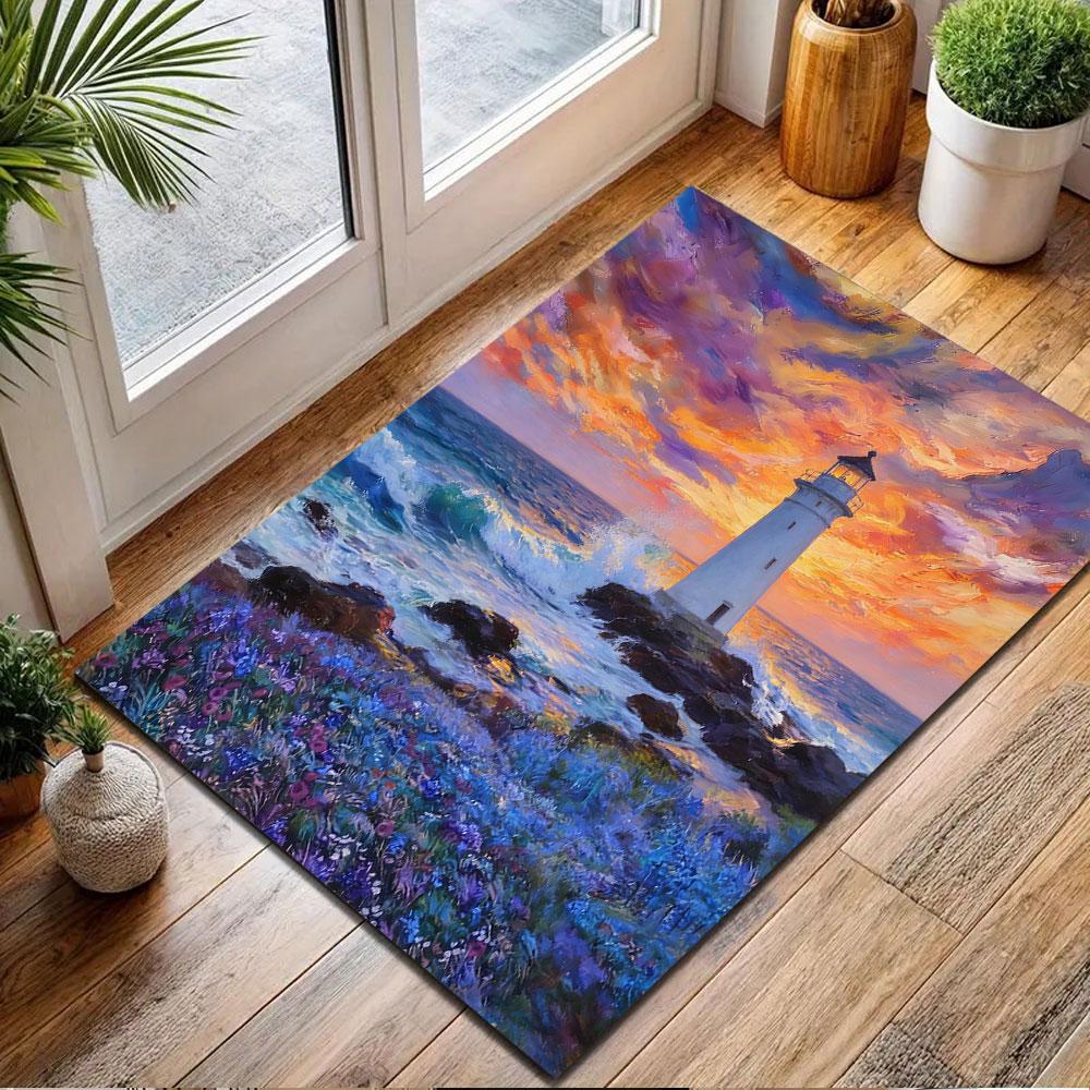 Lighthouse Sunset Over Waves Patterned carpet, non slip mat suitable for living room and bedroom sofas