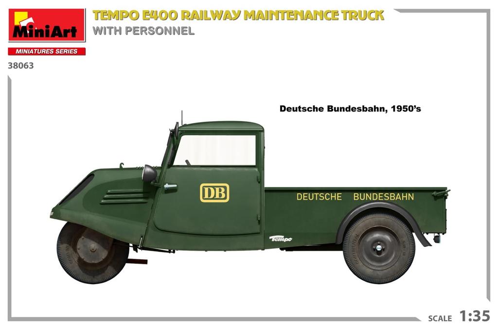 MiniArt Scale Tempo E400 Railway Maintenance Truck with 4 Plastic MA38063 1/35 Figures, Model,