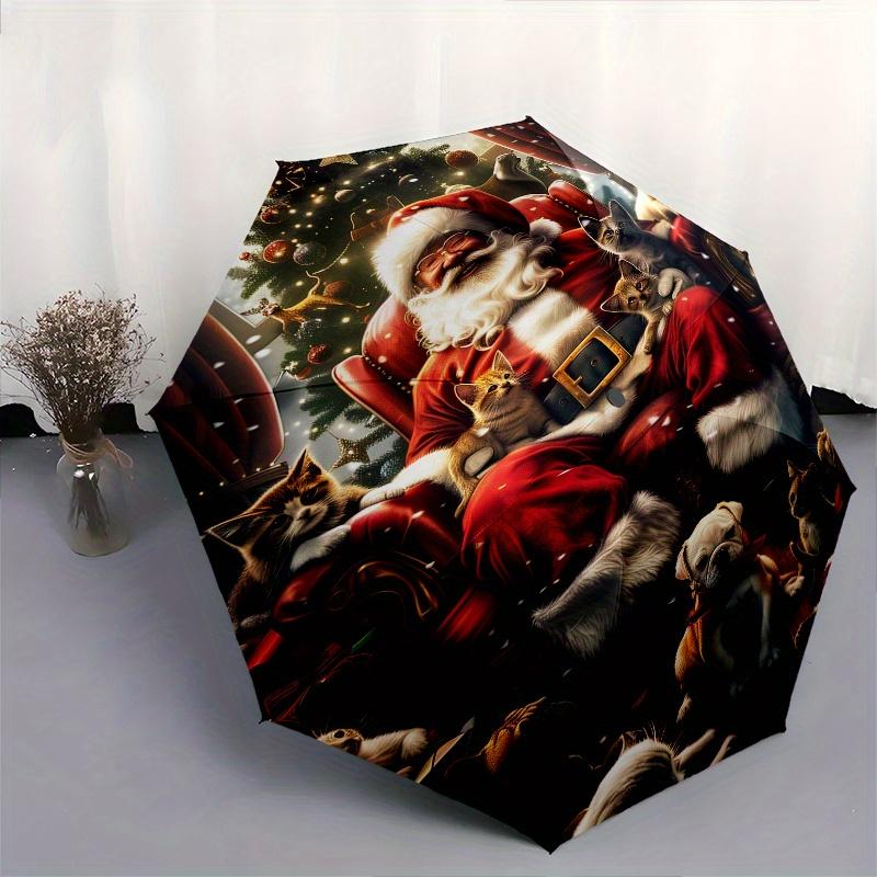 Santa Claus, Christmas Theme 8 Bone Hand Automatic Folding Umbrella, Compact and Portable Design, A Perfect Gift for Birthday, Christmas or