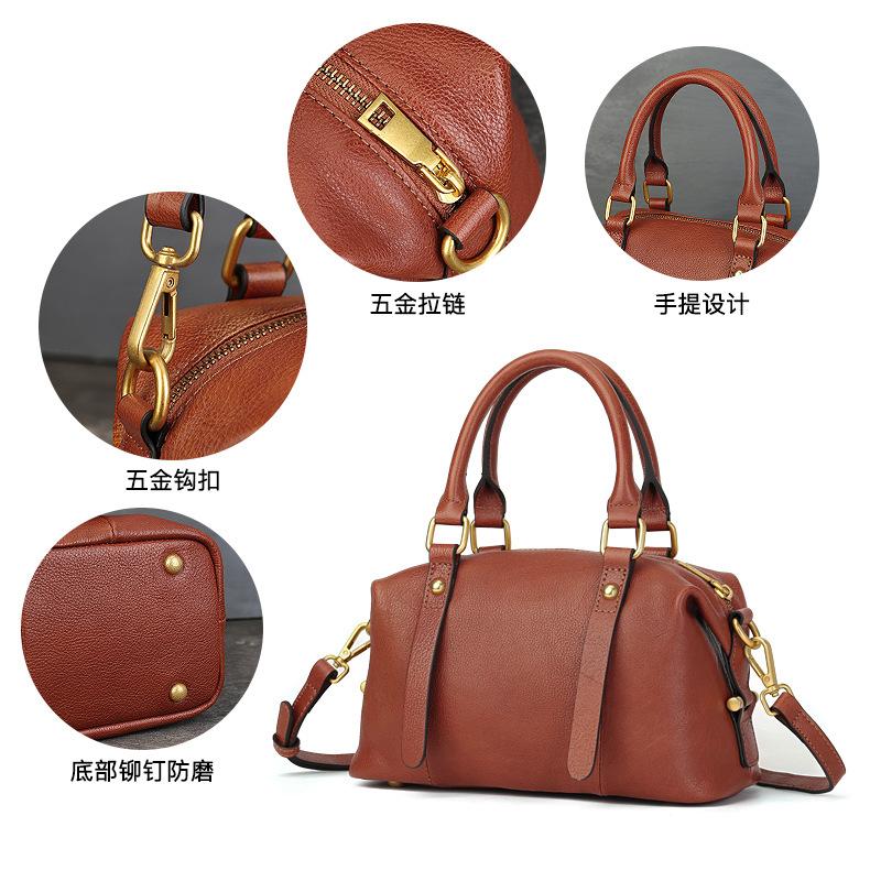2025 Vintage Cowhide Leather Boston Pillow Bag Women Handbag Quality Work Shoulder Crossbody Top-handle Purse Large Capacity