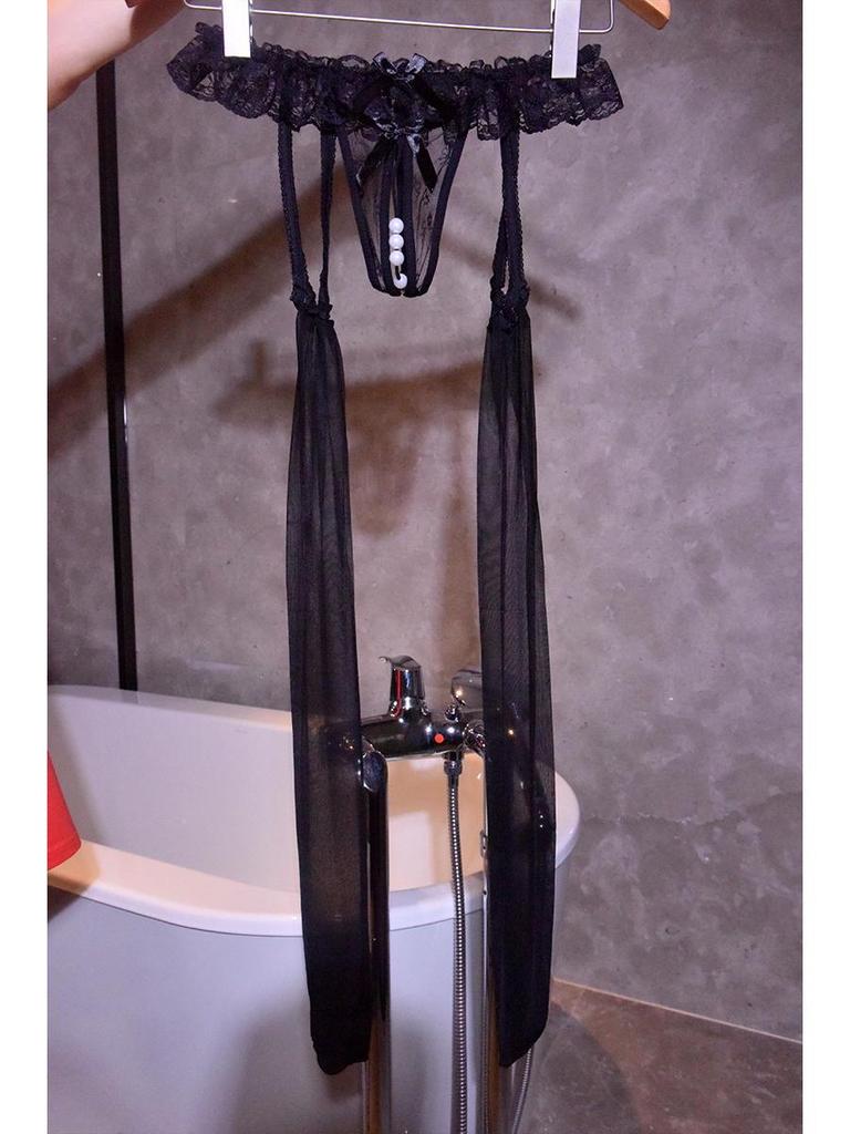 Sexy schwarze Spitzen-Strumpfhalter-Strümpfe ohne Schritt mit Perlen - Ultradünne, Overknee-Verführung