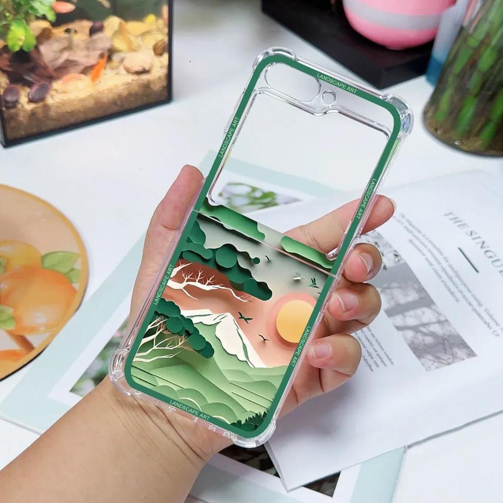 Capa Artística de Paisagem com Padrão 3D de Luxo para Samsung Galaxy Z Flip 6 5 Capa Cover para Samsung ZFlip4 Z Flip 3 Bolsa de Cobertura à Prova de Choque