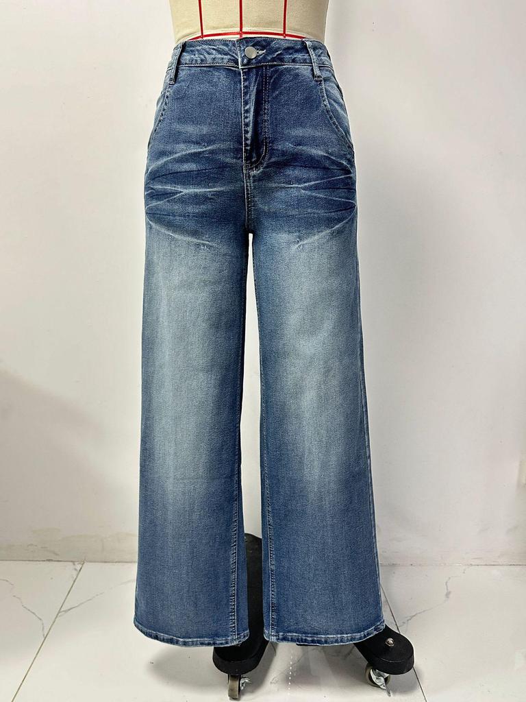 2026 Spring Women's High-Waisted Retro Wide-Leg Jeans - Washed, Faded, Loose, Straight, Floor-Length