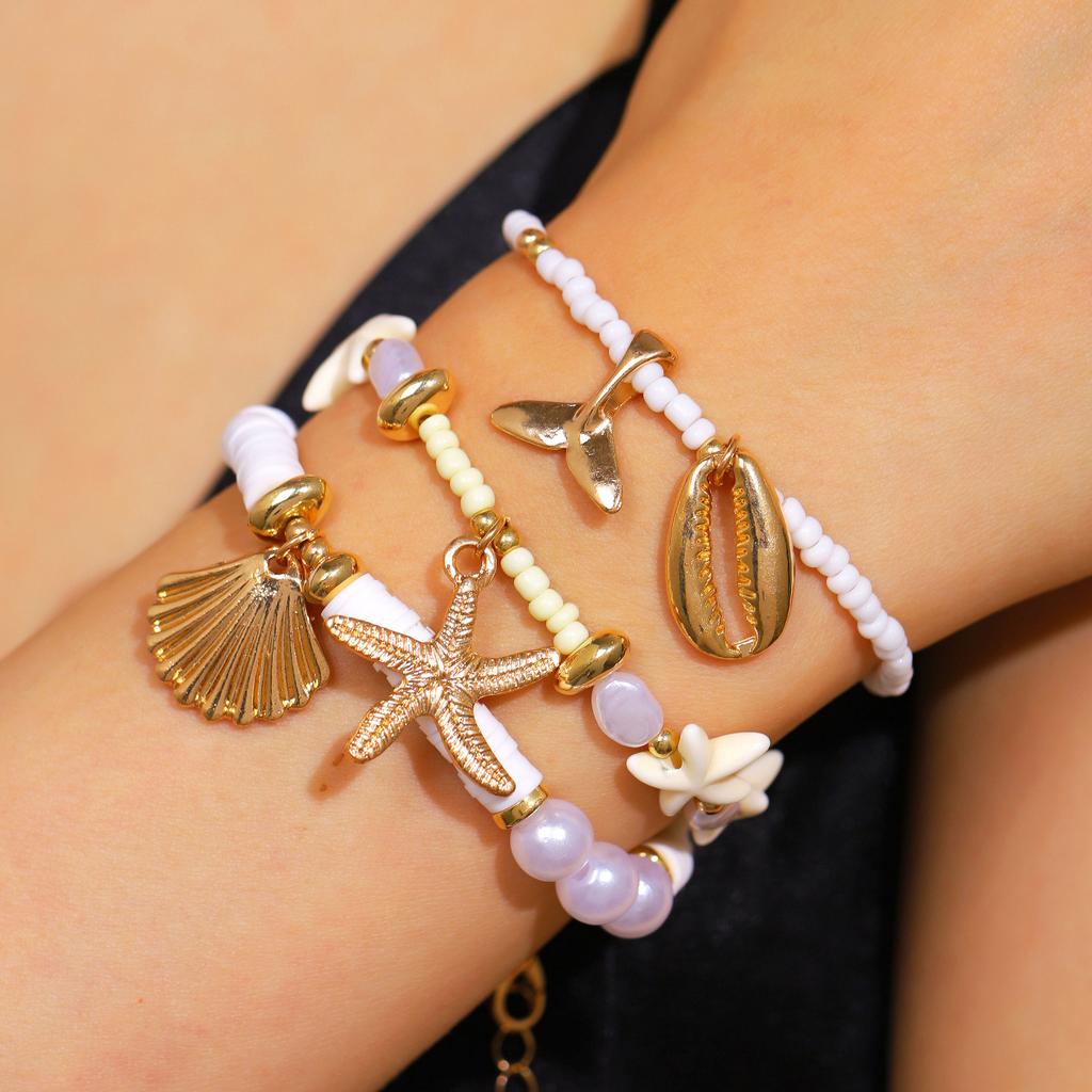 3pcs Set Creative Retro Starfish Conch Imitation Pearl Shell Beaded Stackable Anklets for Women Bohemian Vacation Jewelry Gifts