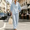 Women's Loose Fit Stand Collar Three Quarter Sleeve Linen Blend Two Piece Pant Set